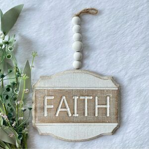 FAITH Hanging Wood Sign With Beaded Hanger Distressed Farmhouse Decor